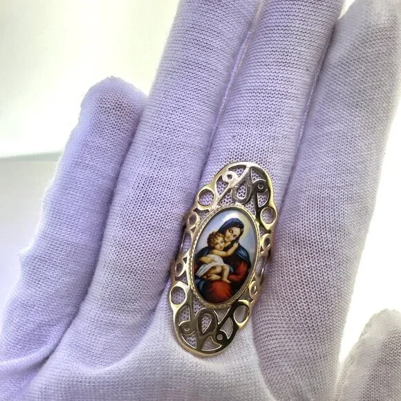 Vintage 14K Yellow Gold Madonna and Child Ring Size 8.5-5.61g - Picture 3 of 12
